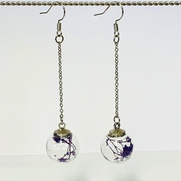 Glass Globe Dangle Earrings with Real Purple Dried Flowers – Silver Chain - Picture 1 of 3